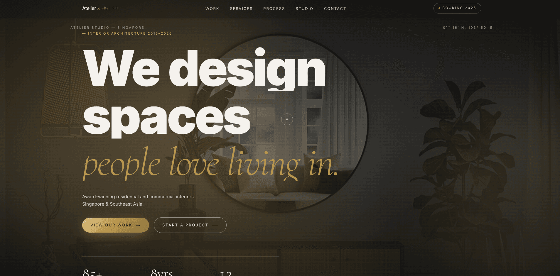 Atelier Studio — Singapore interior design firm. Dark hero with large serif headline over a lifestyle interior photograph.