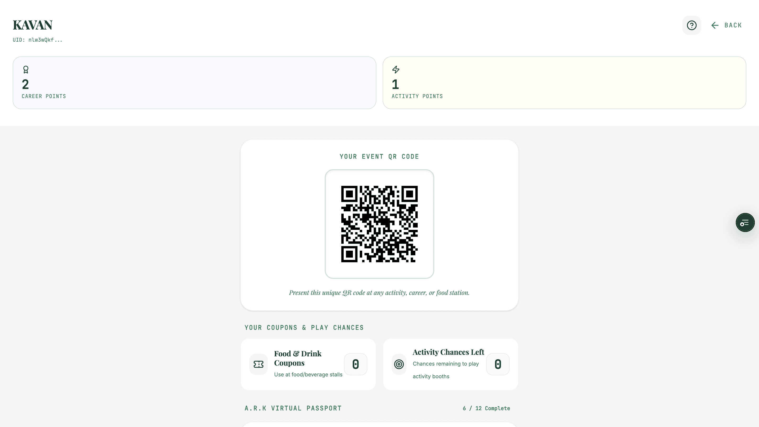 A.R.K Initiative — attendee dashboard showing career and activity points, a unique event QR code, and coupons.