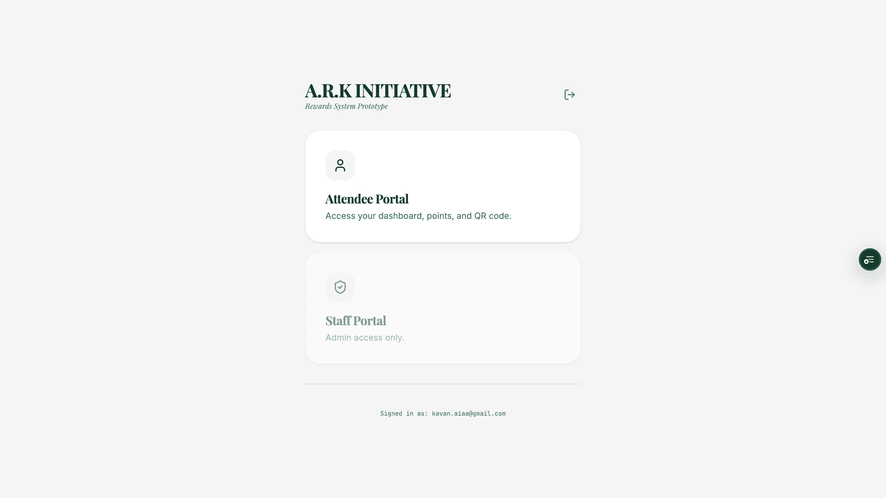 A.R.K Initiative — role-based sign-in screen with separate Attendee Portal and Staff Portal, backed by Firebase Auth.